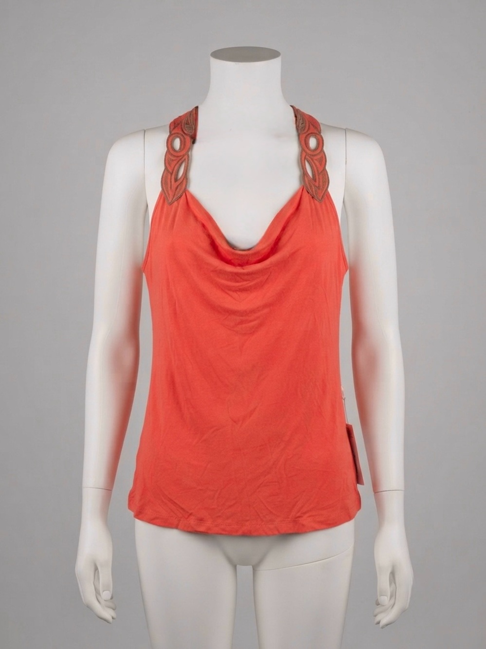 Akiko Coral Orange Draped Cowl Neck Embroidered Halter Top - Size S